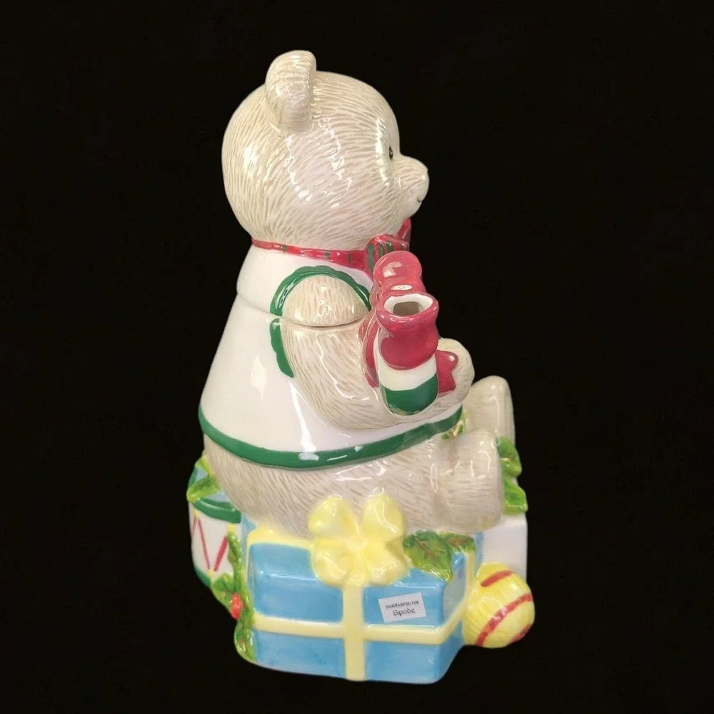 Spode Christmas Tree Green Trim Teddy Bear Tea Pot Teapot With Lid Box Holiday